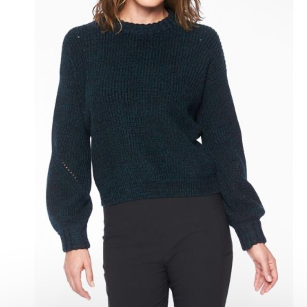 Athleta Teal & Black Marled Wool Cashmere Crewneck Pointelle Lucca Sweater XS